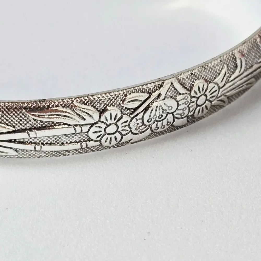 Cherry Blossom Bamboo Engraved Silver Stainless Steel Open Bangle Bracelet Cuff